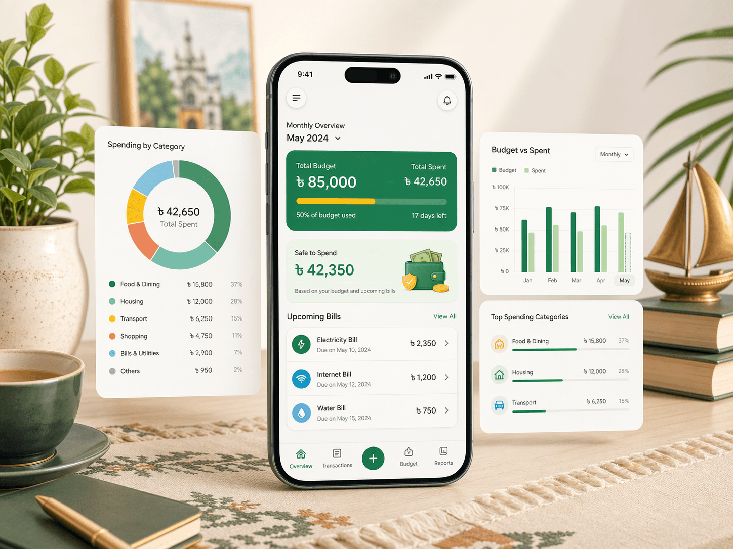 Spendium monthly view in BDT showing income, safe to spend, bills due, categories, and recent expenses for Bangladesh users.