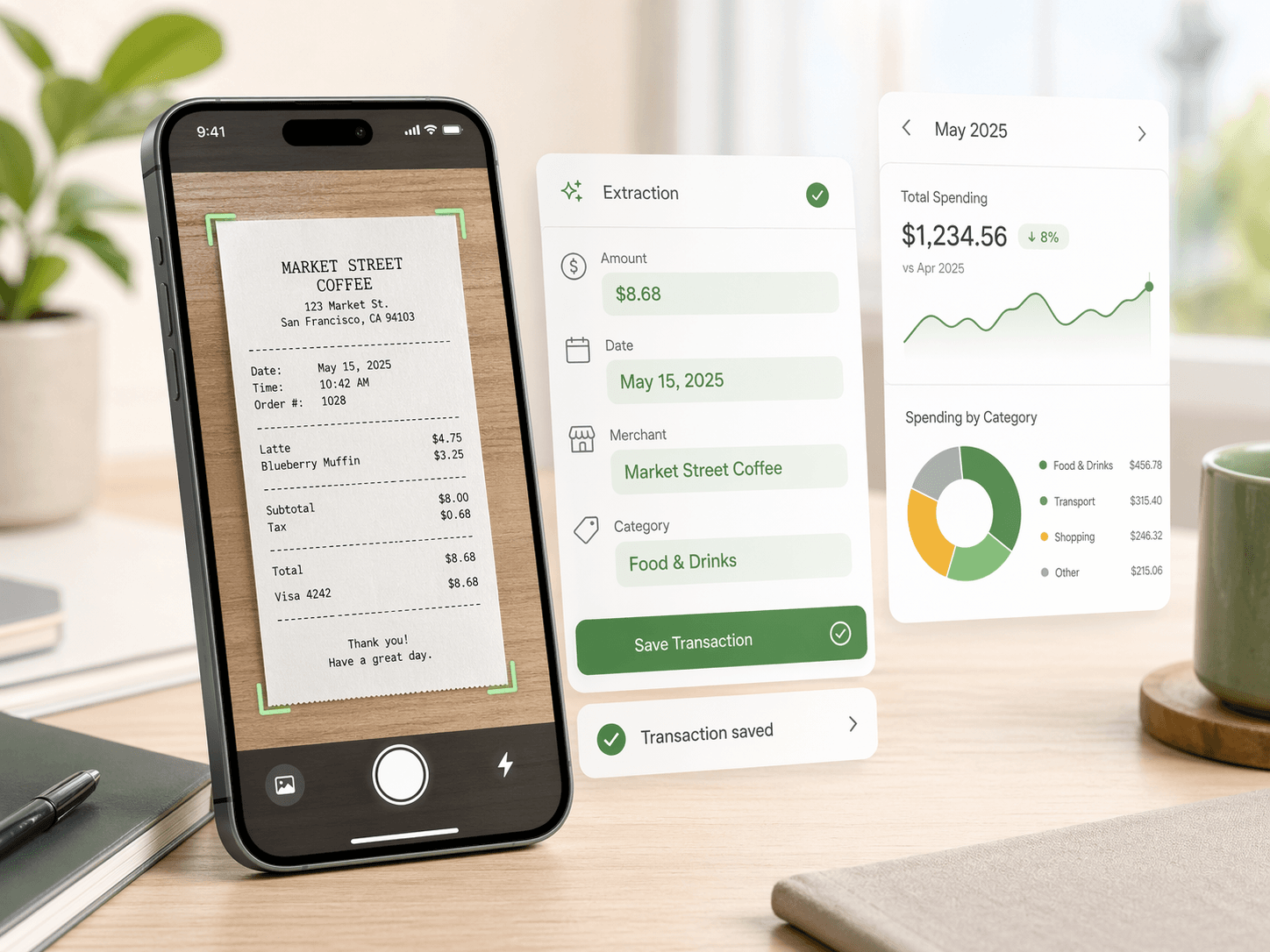 Receipt scanner expense tracker UI with uploaded receipt, extracted fields, and a monthly report chart.
