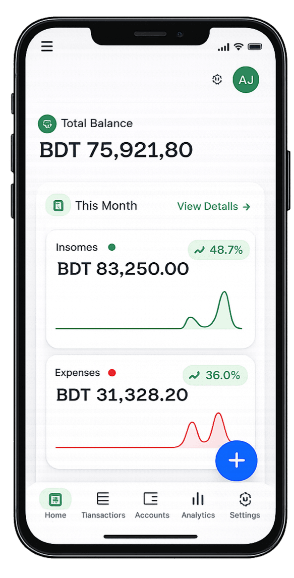 Spendium app showing total balance, income, and expense tracking